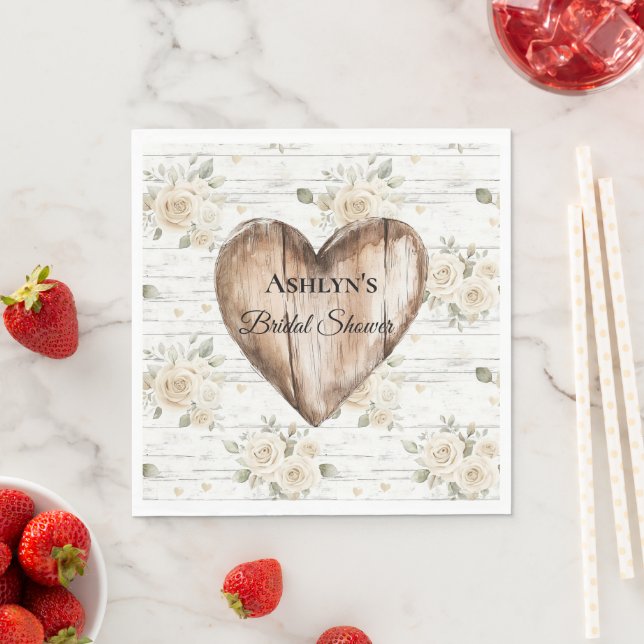 White Floral Boho Faux Wood Heart Bridal Shower Napkin (Insitu)