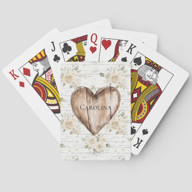 White Floral Boho Faux Wood Heart Playing Cards (Back)