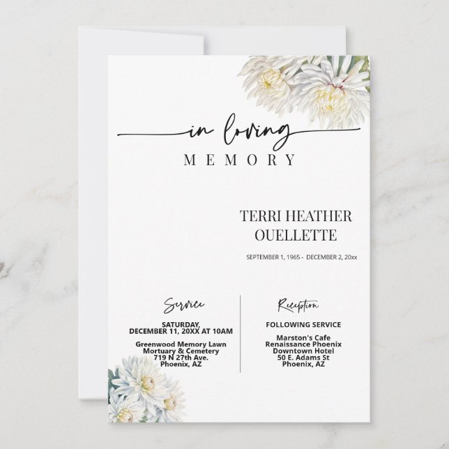 White Floral Boho Funeral Memorial Service Photo Invitation (Front)