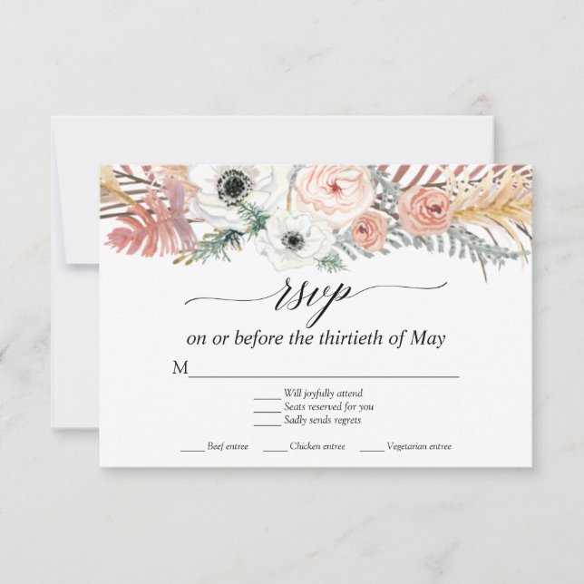 White Floral Boho Pampas Grass Tropical Palm RSVP Card (Front)