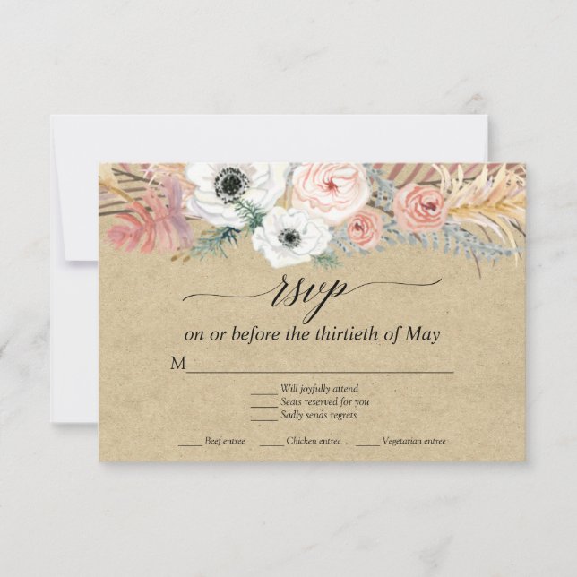 White Floral Boho Pampas Grass Tropical Palm RSVP Card (Front)