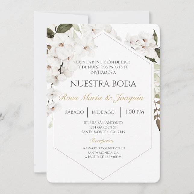 White Floral Boho Spanish Wedding Invitation (Front)