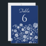 White Floral Border blue Wedding Table Number Card<br><div class="desc">Direct guests with this classic table number card, featuring elegant white typography above a rich white floral border on a bold blue background. The bold botanical pattern adds a refined "something blue" accent that suits coastal celebrations, romantic garden receptions, and timeless blue and white wedding themes. Coordinate it with matching...</div>