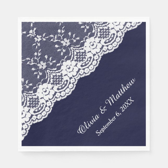 White Floral Border Lace on Navy Blue Wedding Napkin (Front)