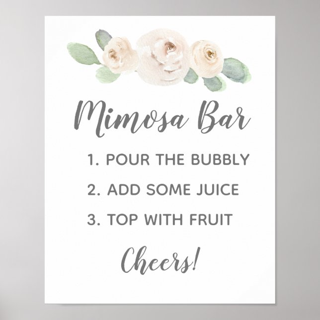 White Floral Botanical Bridal Shower Mimosa Sign (Front)