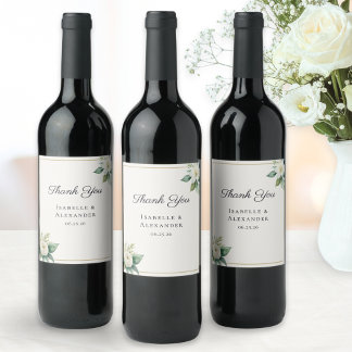 White Floral Botanical Greenery Elegant Wedding Wine Label
