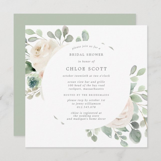 White Floral Botanical Square Bridal Shower Invita Invitation (Front/Back)