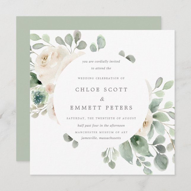 White Floral Botanical Square Wedding Invitation (Front/Back)