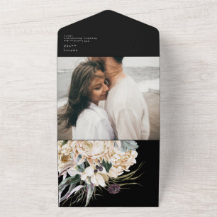 White Floral Bouquet   Black Photo Seal And Send All In One Invitation