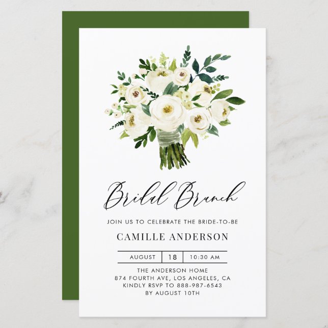 White Floral Bouquet Bridal Brunch Invitation (Front/Back)