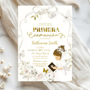 White Floral Bow Coquette Primera Communion Invitation