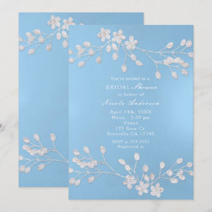 White Floral Branch Blue Bridal Shower Invitations
