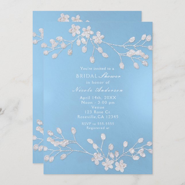 White Floral Branch Blue Bridal Shower Invitations (Front/Back)