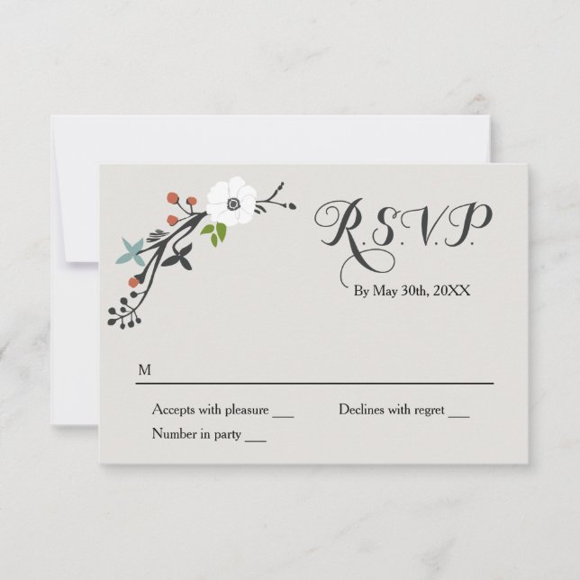 White Floral Branch Wreath | RSVP Reply Card (Front)