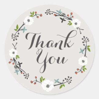 White Floral Branch Wreath | Thank you Sticker