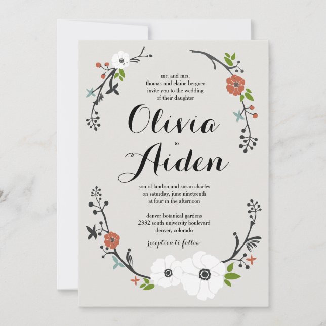 White Floral Branch Wreath | Wedding invitation (Front)