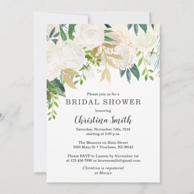 White Floral Bridal Shower Invitations with Green (Front)