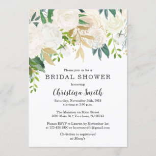 White Floral Bridal Shower Invitations with Green
