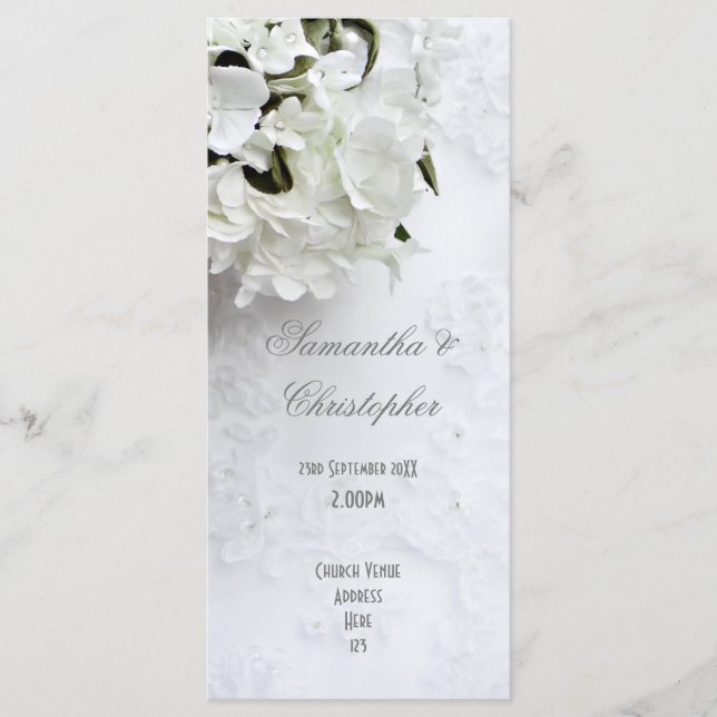 White floral bride bouquet  church wedding program (Front)