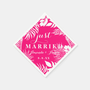 White Floral Bright Pink Name Wedding Just Married Napkin