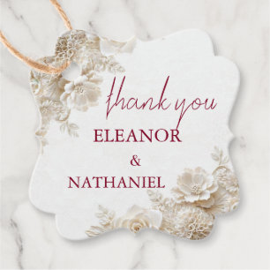 White Floral Burgundy Wedding Scalloped Favour Tag