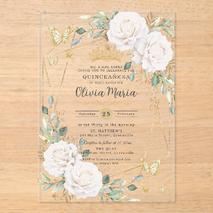 White Floral Butterflies Gold Quinceañera Quince Acrylic Invitations