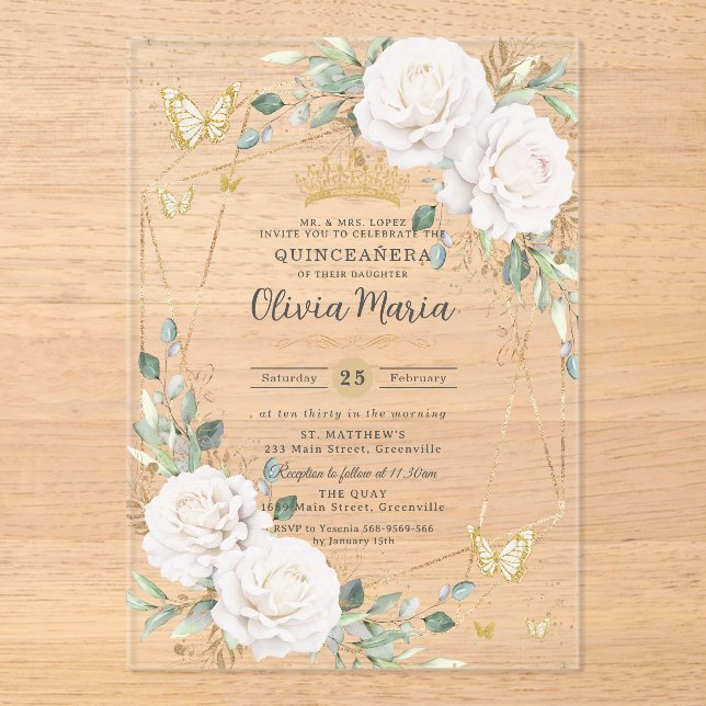 White Floral Butterflies Gold Quinceañera Quince Acrylic Invitations (Front)