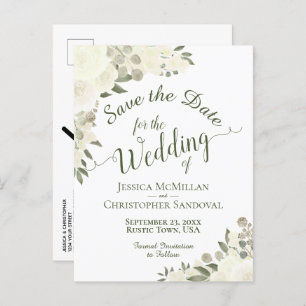 White Floral Calligraphy Wedding Save the Date Announcement Postcard