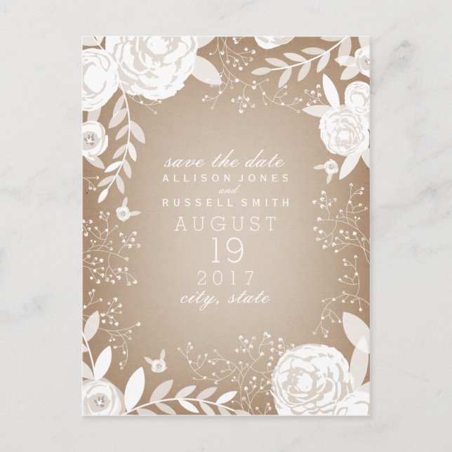 White Floral Cardstock Inspired Save The Date Announcement Postcard (Front)