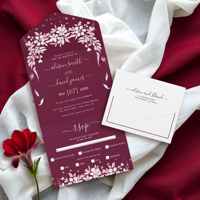 White floral cascading garland burgundy wedding all in one invitation (Creator Uploaded)