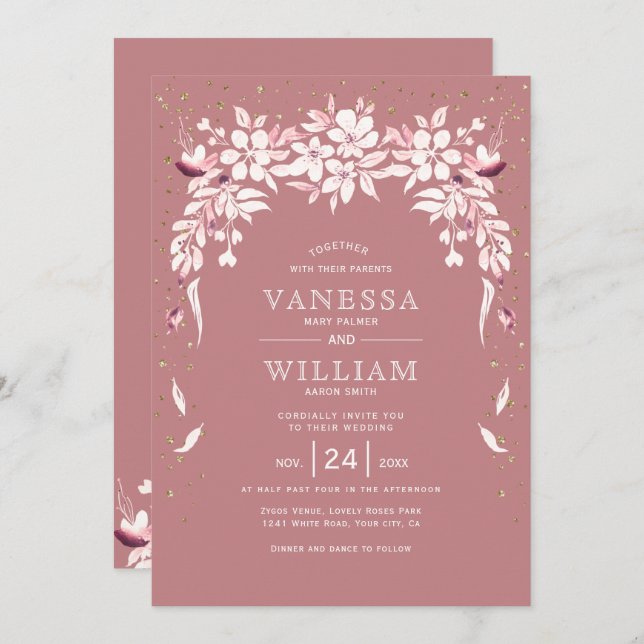 White floral cascading garland dusty rose wedding invitation (Front/Back)