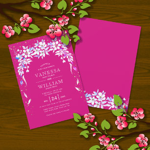 White floral cascading garland magenta wedding invitation