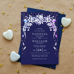 White floral cascading garland navy blue wedding invitation