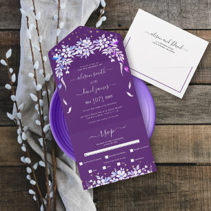 White floral cascading garland purple wedding all in one invitation