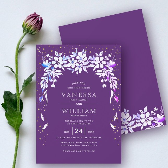 White floral cascading garland purple wedding  invitation (Creator Uploaded)