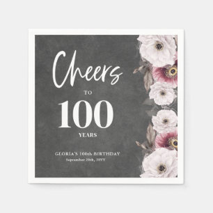 White Floral Chalkboard Cheers to 100th Birthday Napkin