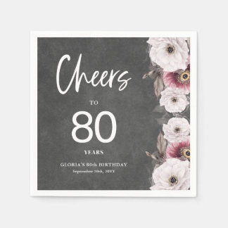White Floral Chalkboard Cheers to 80th Birthday  Napkin