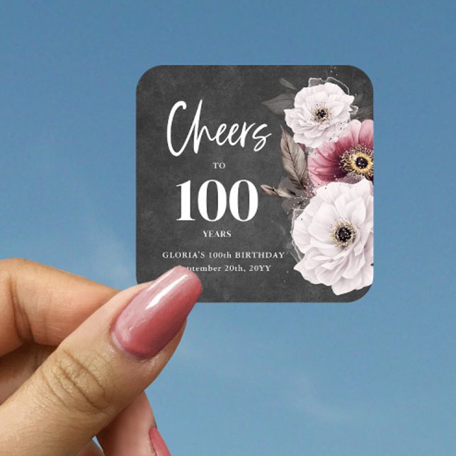White Floral Cheers to 100th Birthday Square Sticker (Creator Uploaded)