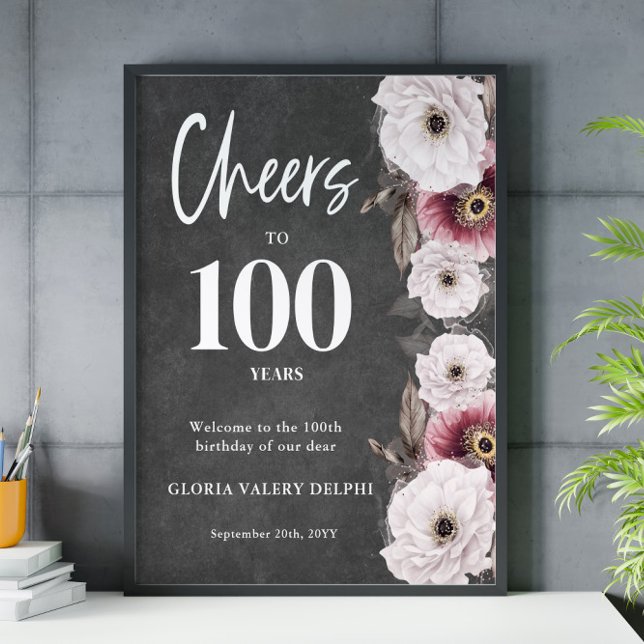 White Floral Cheers to 100th Birthday Welcome Poster (Creator Uploaded)
