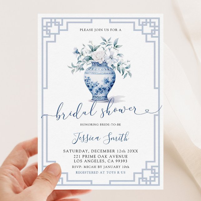 White Floral Chinoiserie Ginger Jar Bridal Shower Invitation (Creator Uploaded)