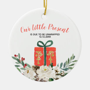 White Floral Christmas Pregnancy Announcement Cera Ceramic Ornament