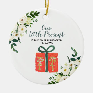 White Floral Christmas Pregnancy Announcement Ceramic Ornament