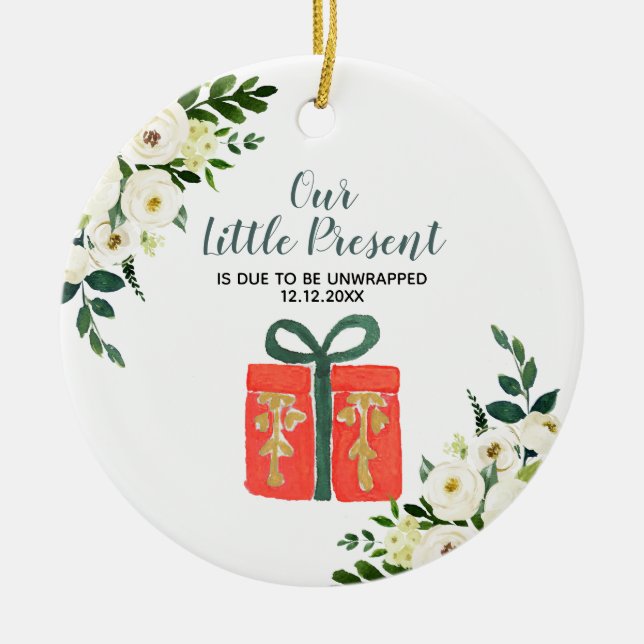 White Floral Christmas Pregnancy Announcement Ceramic Ornament (Front)