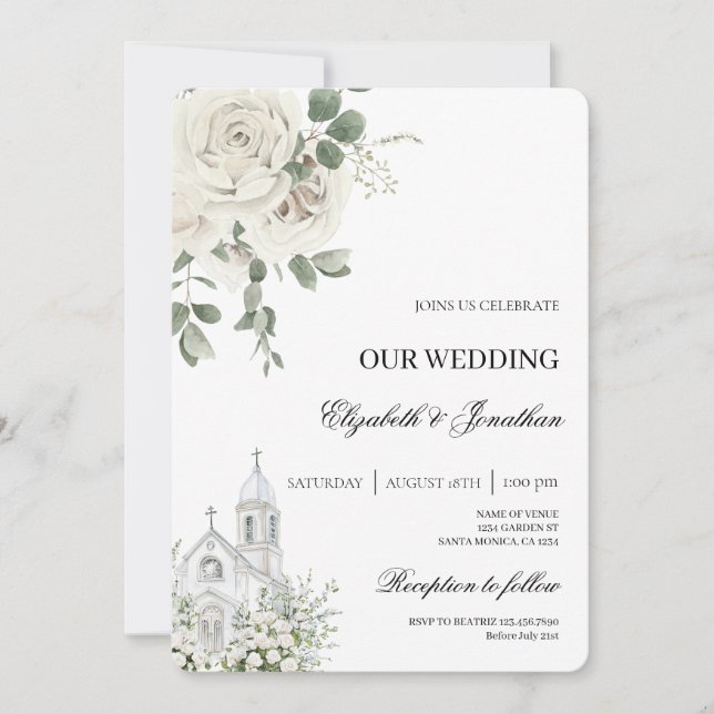 White Floral church Wedding Invitation (Front)