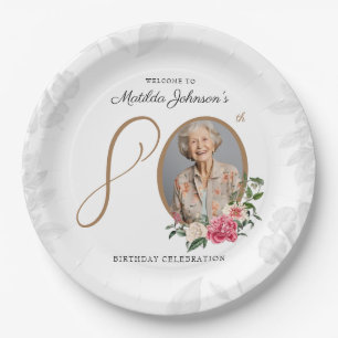 White Floral Classy Custom 80th Birthday Party Paper Plate