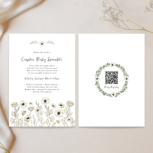 White Floral couples baby sprinkle + registry QR Invitation