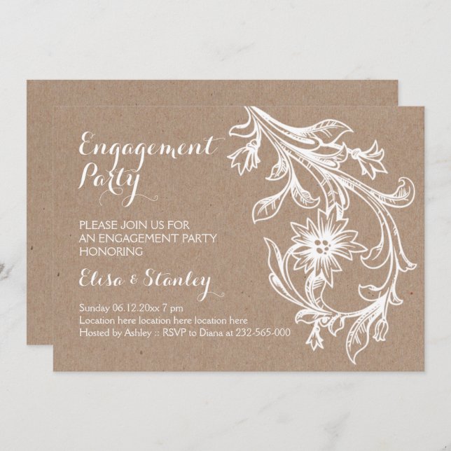 White floral craft paper wedding engagement party invitation (Front/Back)