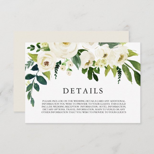 White Floral Cream Beautiful Wedding Details Card (Front/Back)