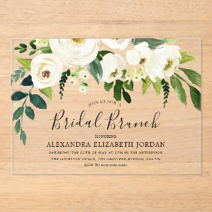 White Floral Cream Bridal Shower Brunch Acrylic Invitations