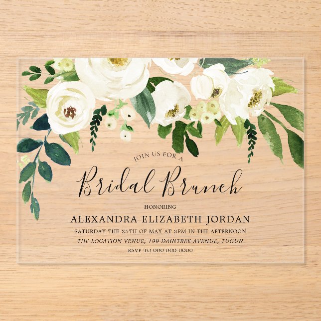 White Floral Cream Bridal Shower Brunch Acrylic Invitations (Front)